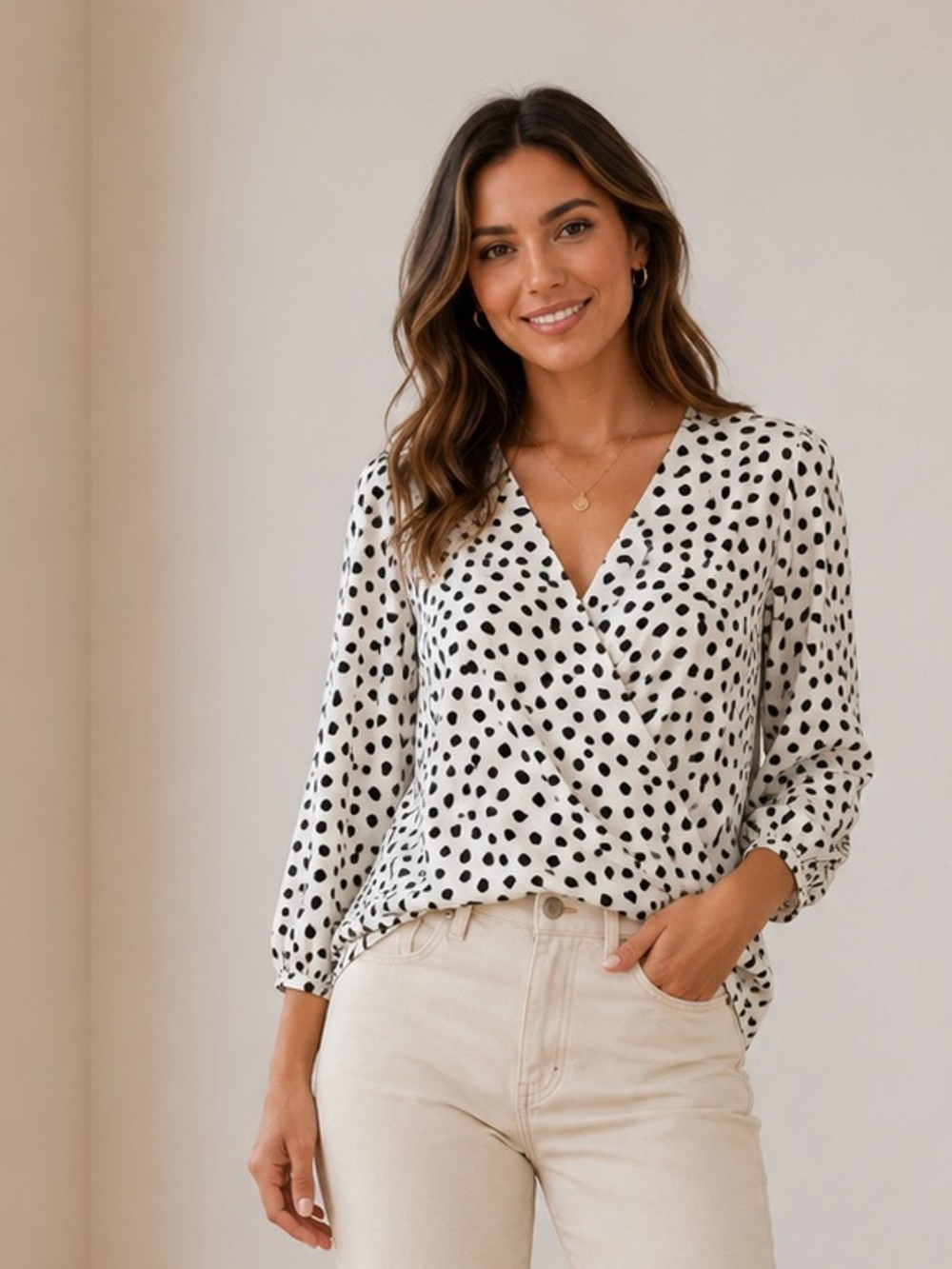 Lush Black Ivory Abstract Spot Surplice Faux Wrap Blouse Small